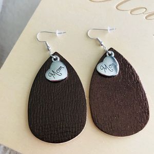 Leather “mom” earring with silver charm